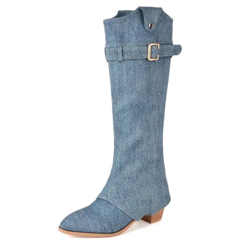 Bout Pointu Denim Sans Lacet Bottes D'hiver Talons Hauts Carrés Boucle Haut Vente Dames Plissées Hautes - Bleu