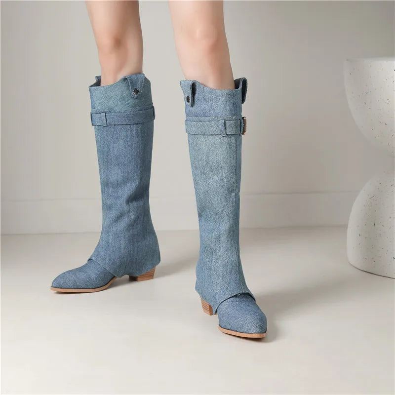 Bout Pointu Denim Sans Lacet Bottes D'hiver Talons Hauts Carrés Boucle Haut Vente Dames Plissées Hautes - Bleu