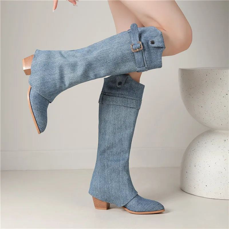 Bout Pointu Denim Sans Lacet Bottes D'hiver Talons Hauts Carrés Boucle Haut Vente Dames Plissées Hautes - Bleu