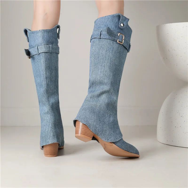 Bout Pointu Denim Sans Lacet Bottes D'hiver Talons Hauts Carrés Boucle Haut Vente Dames Plissées Hautes - Bleu