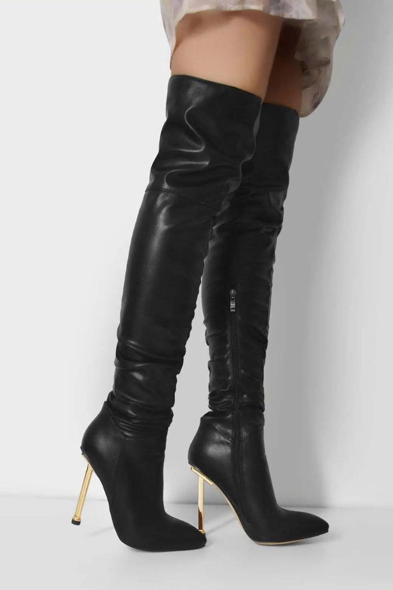 Bout Pointu Mince Haut Sur Le Genou Femme Bottes Noir Chaussures À Talons Aiguilles Hiver Longues Solide