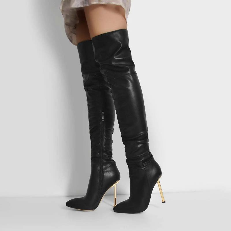 Bout Pointu Mince Haut Sur Le Genou Femme Bottes Noir Chaussures À Talons Aiguilles Hiver Longues Solide - Noir