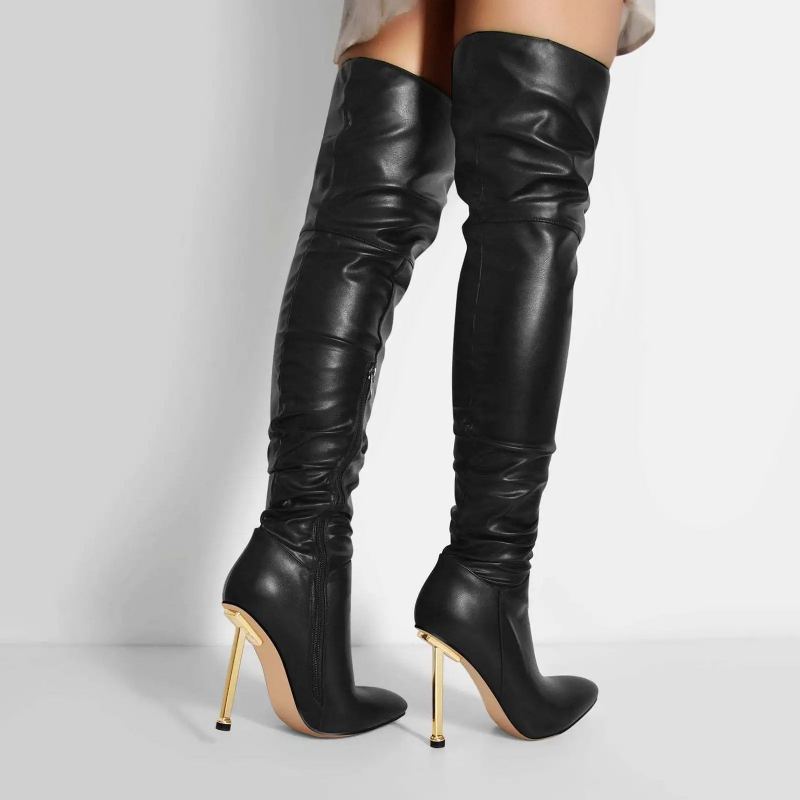 Bout Pointu Mince Haut Sur Le Genou Femme Bottes Noir Chaussures À Talons Aiguilles Hiver Longues Solide - Noir