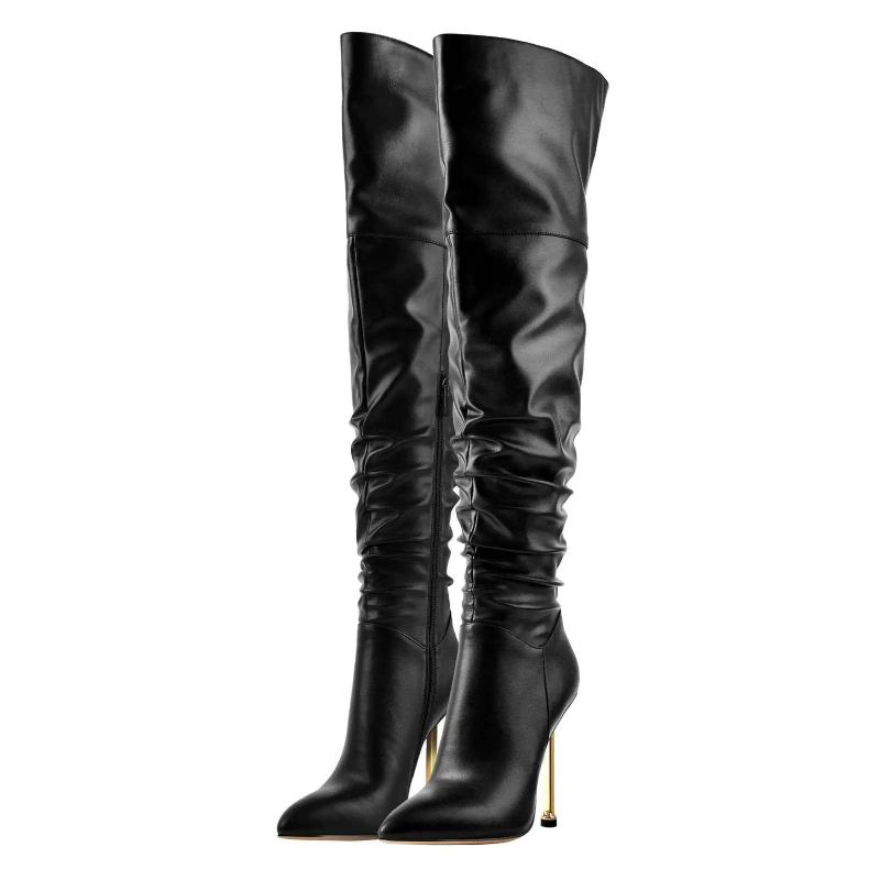 Bout Pointu Mince Haut Sur Le Genou Femme Bottes Noir Chaussures À Talons Aiguilles Hiver Longues Solide - Noir