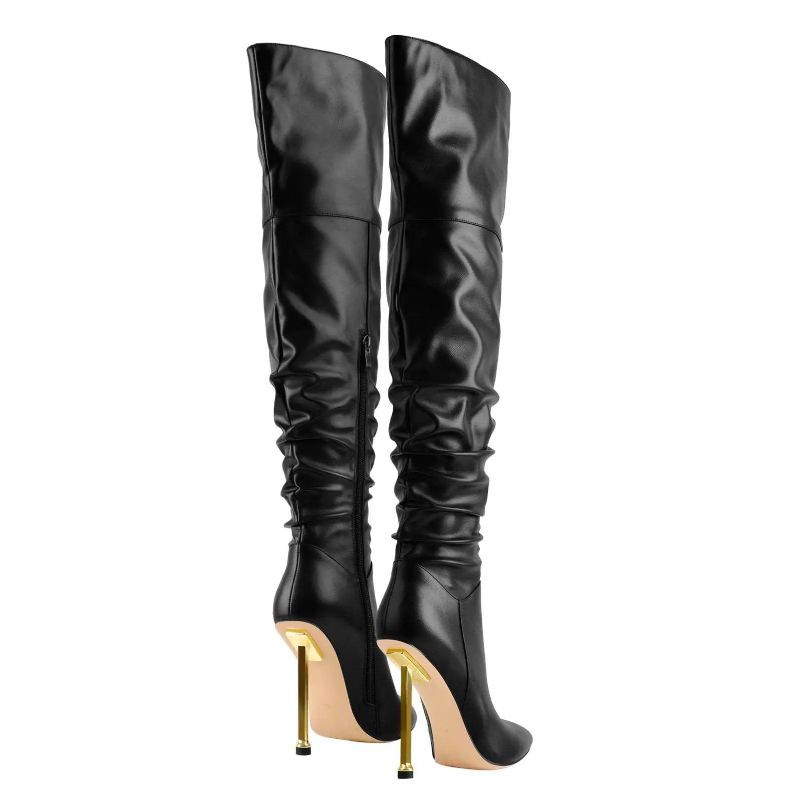 Bout Pointu Mince Haut Sur Le Genou Femme Bottes Noir Chaussures À Talons Aiguilles Hiver Longues Solide - Noir