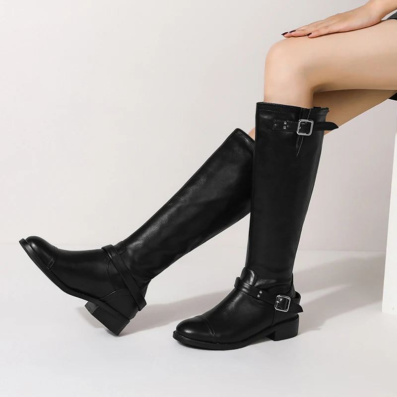 Bout Rond Femmes Bottes À Lacets Équitation Moto Talon Bas Genou Hautes Boucle Fermeture Éclair Féminines - Jaune