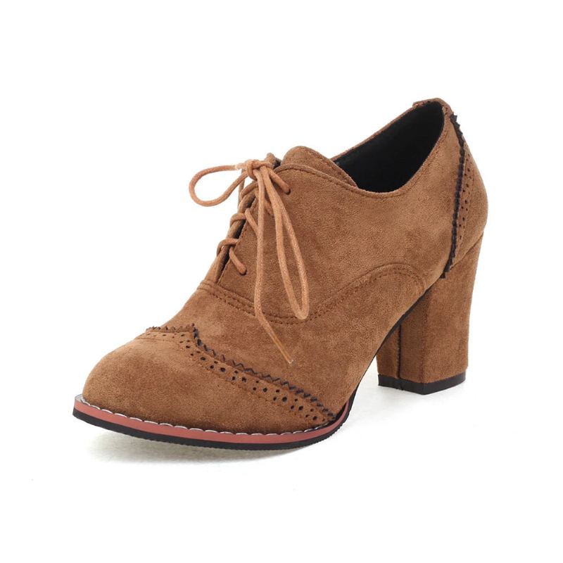 Chaussures Oxford À Lacets Pour Femmes Vintage Bout Rond Style Anglais Talons Hauts Troupeau Brogues Dames Automne - Marron