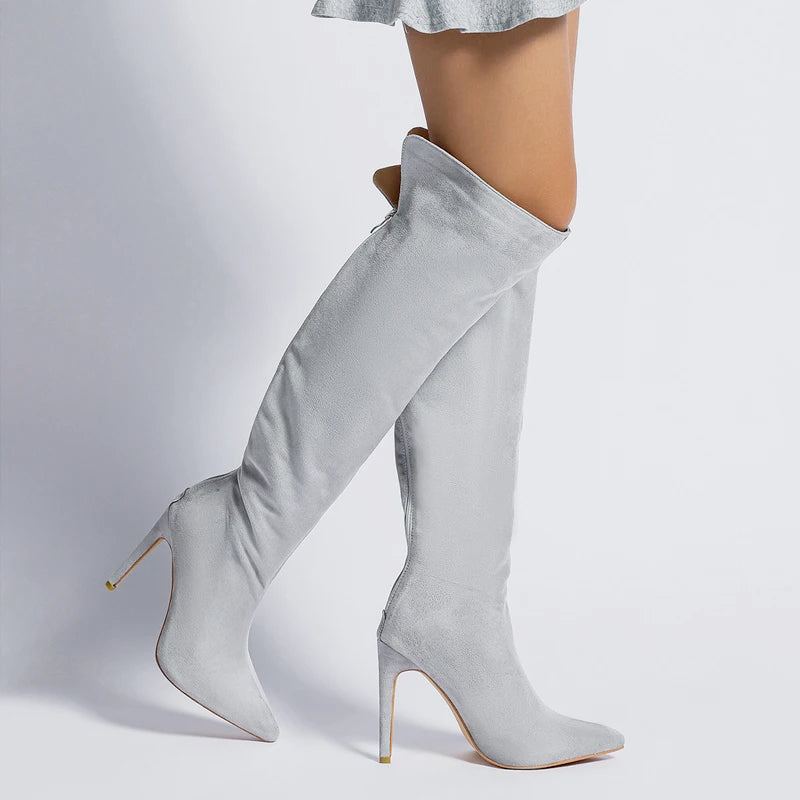 Cuissardes Hautes En Daim Pour Femme Bottes Sexy À Bout Pointu Et À Talons Aiguilles Robe De Soirée Au-dessus Du Genou Automne Et Hiver - Gris