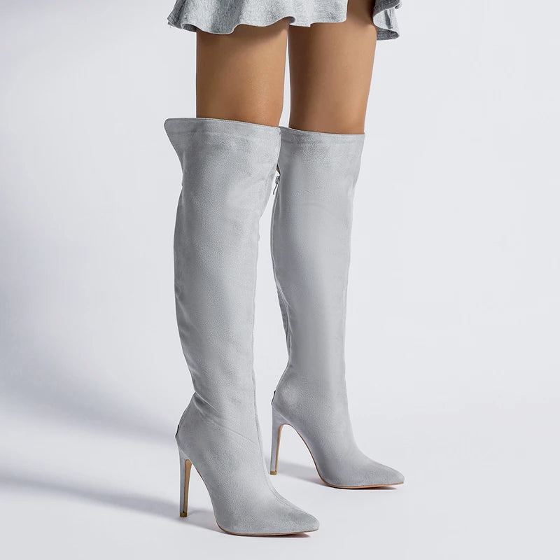 Cuissardes Hautes En Daim Pour Femme Bottes Sexy À Bout Pointu Et À Talons Aiguilles Robe De Soirée Au-dessus Du Genou Automne Et Hiver - Gris