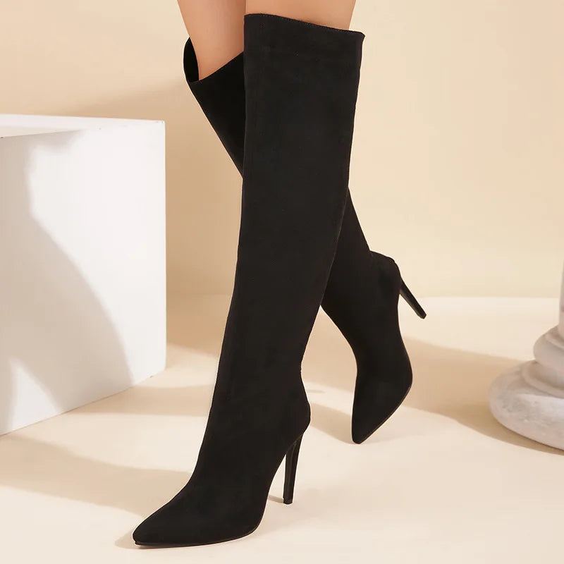 Cuissardes Hautes En Daim Pour Femme Bottes Sexy À Bout Pointu Et À Talons Aiguilles Robe De Soirée Au-dessus Du Genou Automne Et Hiver - Gris