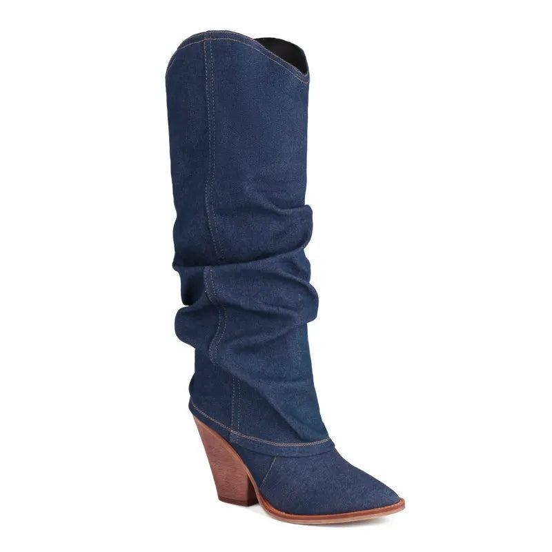 Denim Femmes Bottes Hautes Compensées Talon Haut Occidentales Automne Hiver - Noir