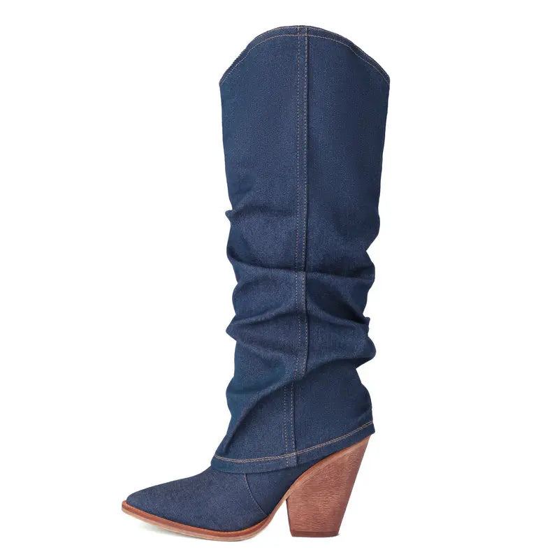 Denim Femmes Bottes Hautes Compensées Talon Haut Occidentales Automne Hiver - Noir