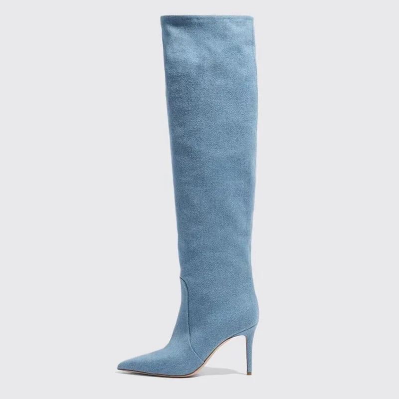 Denim Femmes Bottes Hauteur Genou Automne Hiver Bout Pointu Talons Hauts Fins - Bleu