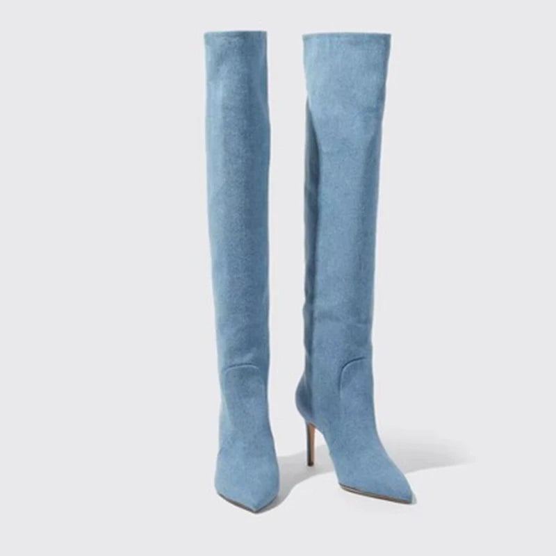 Denim Femmes Bottes Hauteur Genou Automne Hiver Bout Pointu Talons Hauts Fins - Bleu