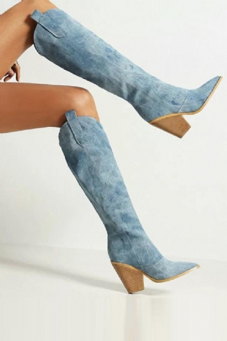 Denim Western Femmes Genou Bottes Compensées Talon Haut Cowboy Sans Lacet Automne Hiver Femme Chaussures