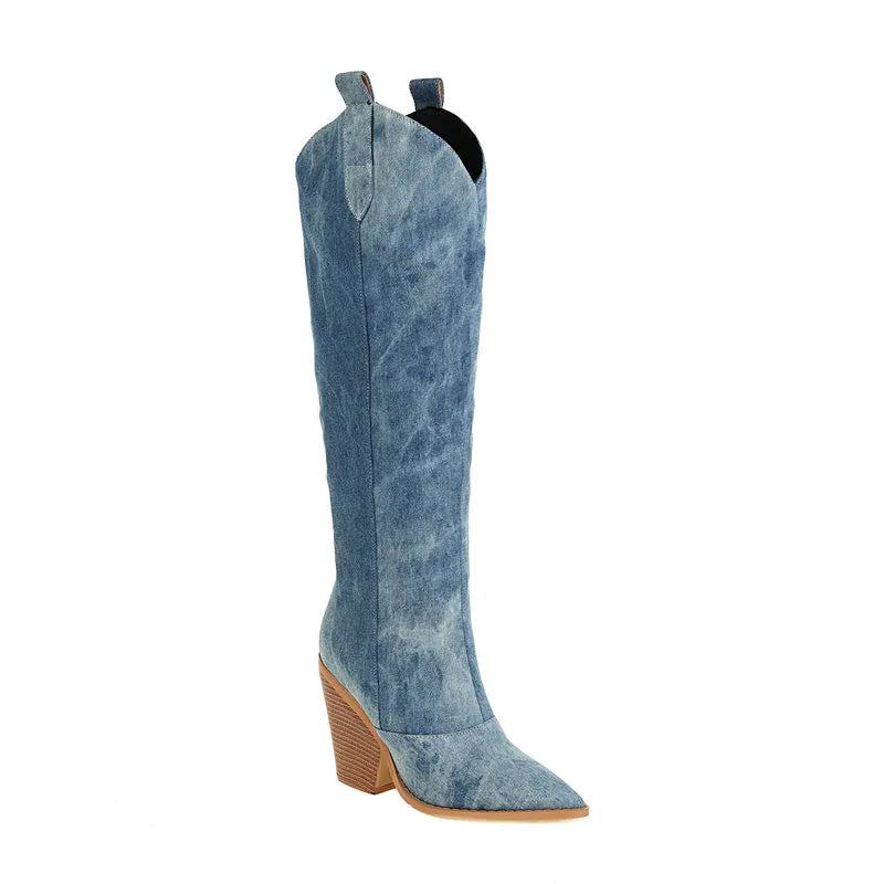 Denim Western Femmes Genou Bottes Compensées Talon Haut Cowboy Sans Lacet Automne Hiver Femme Chaussures - Bleu