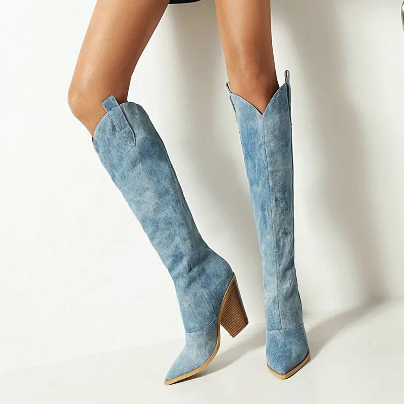 Denim Western Femmes Genou Bottes Compensées Talon Haut Cowboy Sans Lacet Automne Hiver Femme Chaussures - Bleu