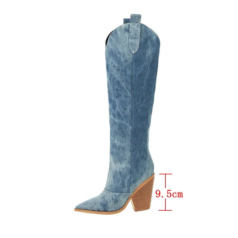 Denim Western Femmes Genou Bottes Compensées Talon Haut Cowboy Sans Lacet Automne Hiver Femme Chaussures - Bleu