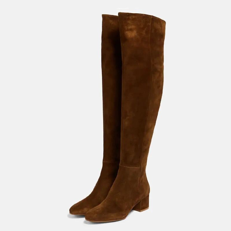 Femmes Bottes Extensibles En Cuir Hiver Talons Épais Chaussures Femme Sur Genou Cuissardes - Ivoire