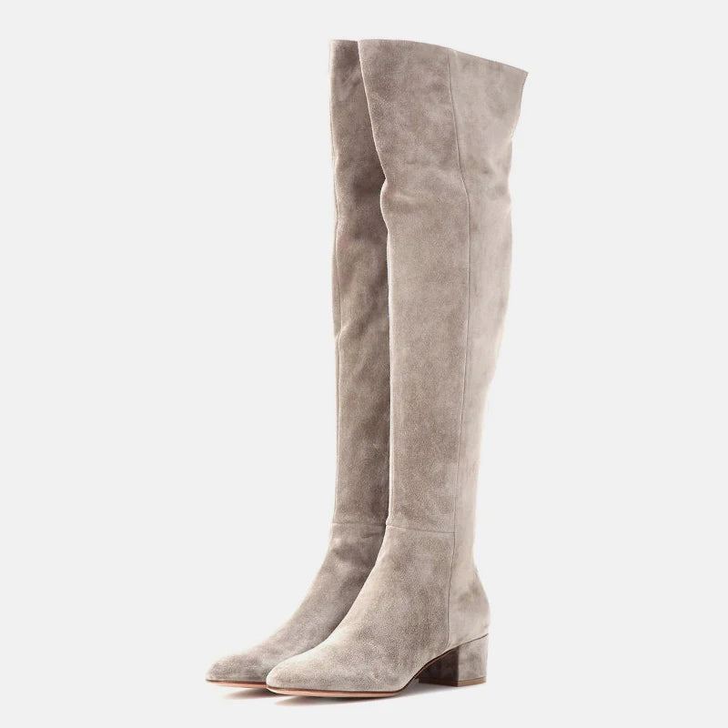 Femmes Bottes Extensibles En Cuir Hiver Talons Épais Chaussures Femme Sur Genou Cuissardes - Ivoire