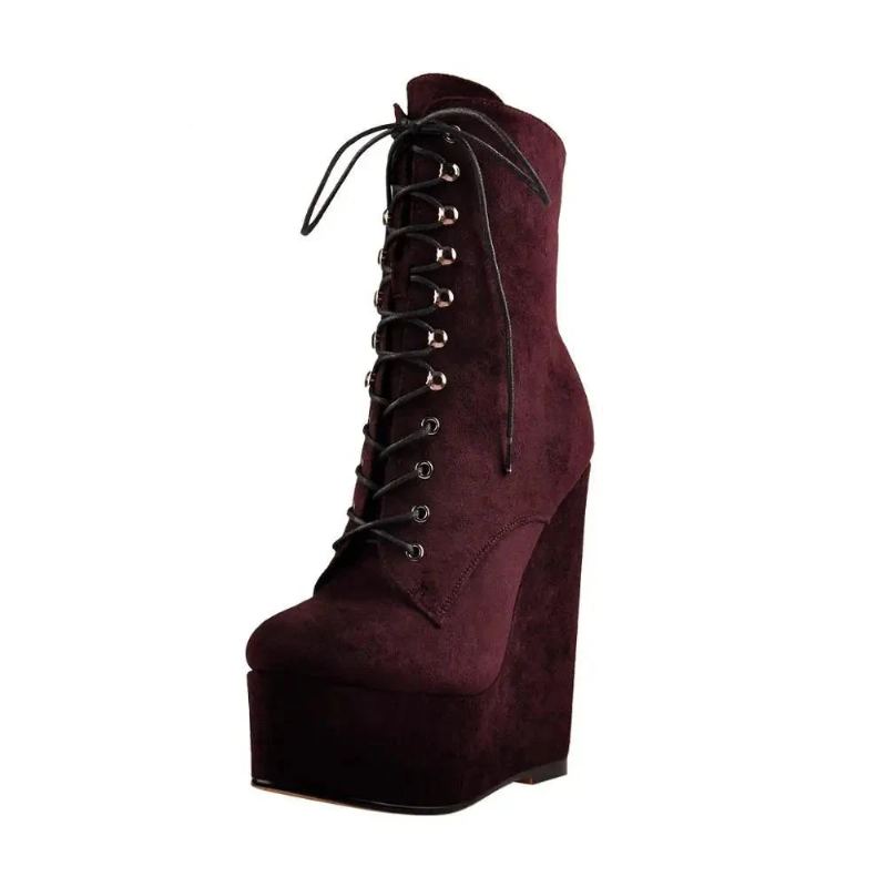 Femmes Bourgogne Bout Rond À Lacets Talons Hauts Bottines Hiver - Rouge