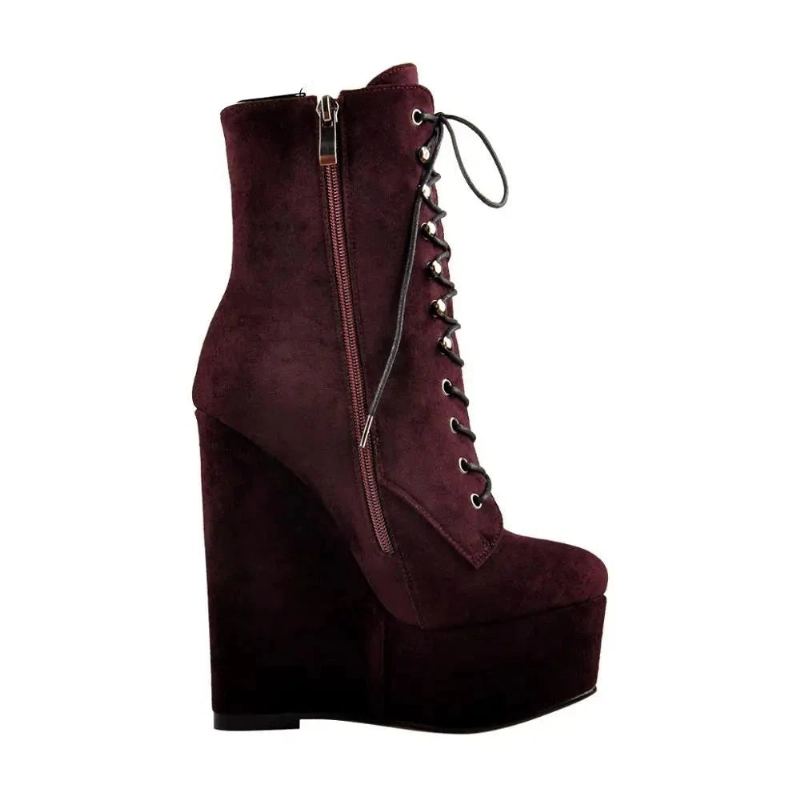 Femmes Bourgogne Bout Rond À Lacets Talons Hauts Bottines Hiver - Rouge