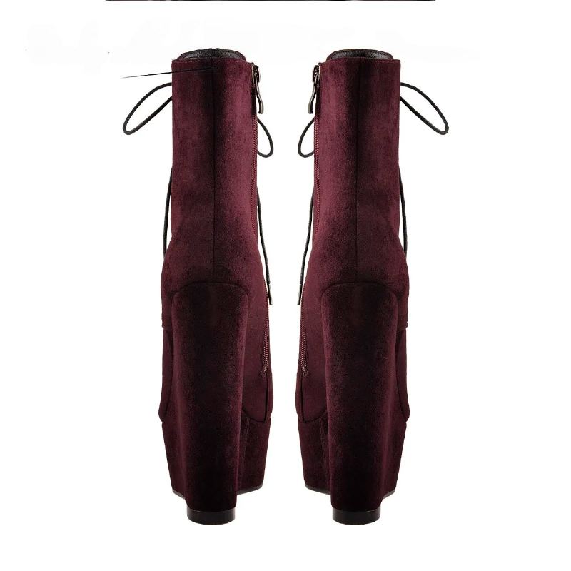 Femmes Bourgogne Bout Rond À Lacets Talons Hauts Bottines Hiver - Rouge