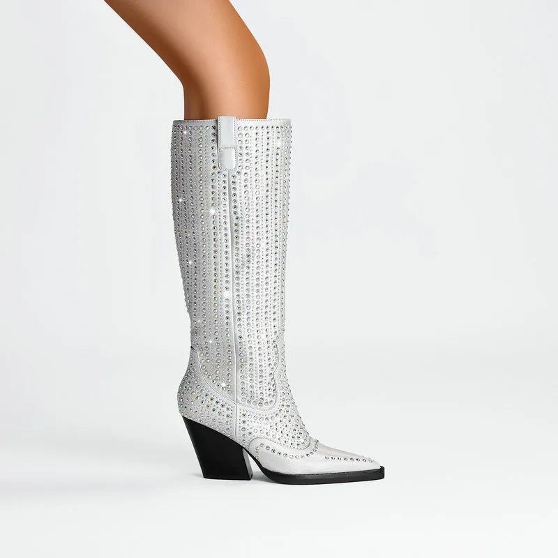 Femmes Genou Bottes Compensées Talon Haut Occidentales Sans Lacet Automne Hiver Femme - Argent