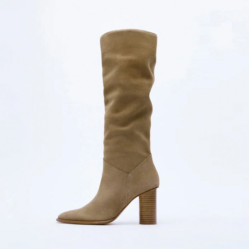 Femmes Genou Bottes Hautes Hiver En Cuir Véritable Bout Pointu Dame Chaussures - Beige