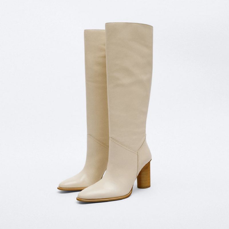 Femmes Genou Bottes Hautes Hiver En Cuir Véritable Bout Pointu Dame Chaussures - Beige