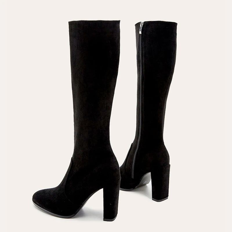 Femmes Genou Bottes Hautes Hiver Daim Fermeture Éclair Latérale À Talons Hauts Épais Chaussures Sexy - Noir