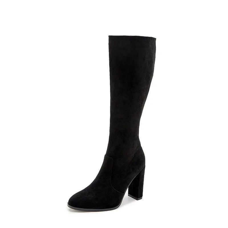 Femmes Genou Bottes Hautes Hiver Daim Fermeture Éclair Latérale À Talons Hauts Épais Chaussures Sexy - Noir