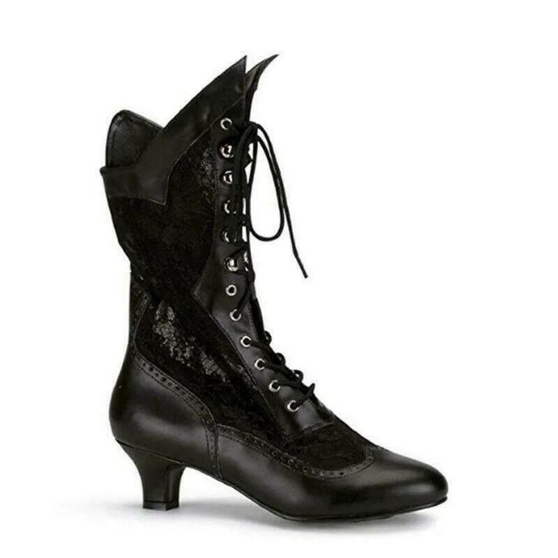 Femmes Victoriennes Bout Pointu Mi-mollet Bottes En Cuir Dentelle Évider Punk À Lacets Étranges Chaussures À Talons Hauts - Noir