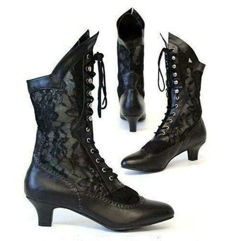 Femmes Victoriennes Bout Pointu Mi-mollet Bottes En Cuir Dentelle Évider Punk À Lacets Étranges Chaussures À Talons Hauts - Noir