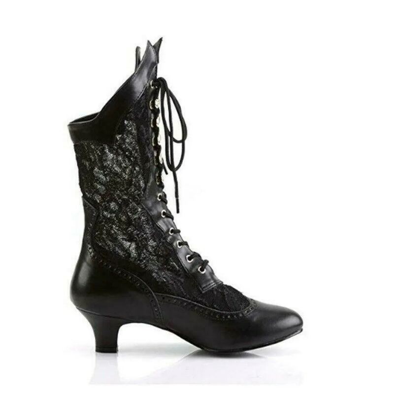 Femmes Victoriennes Bout Pointu Mi-mollet Bottes En Cuir Dentelle Évider Punk À Lacets Étranges Chaussures À Talons Hauts - Noir