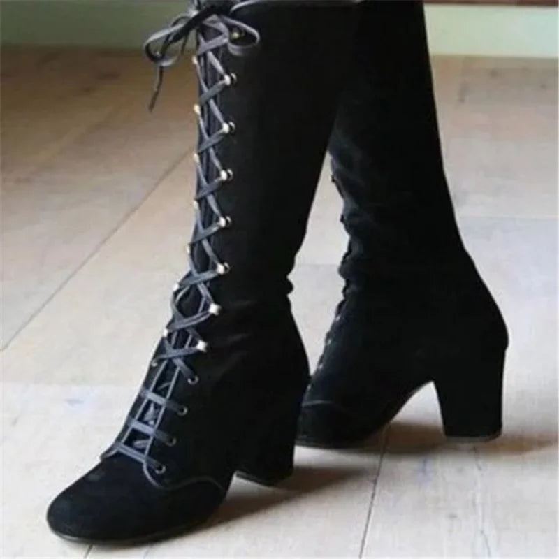 Hiver Femmes Bottes Chaussures Vintage À Lacets Rond Cowboy Talons Hauts Chaussons Femme - Noir