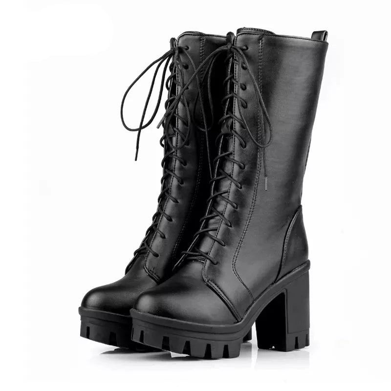 Printemps Automne Laçage Mi-mollet Bottes Femmes Talons Carrés Femme Moto Botte - Noir