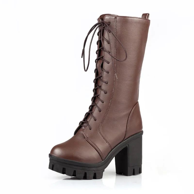 Printemps Automne Laçage Mi-mollet Bottes Femmes Talons Carrés Femme Moto Botte - Noir