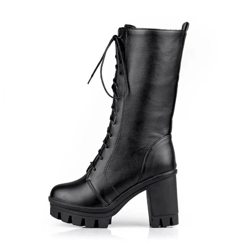 Printemps Automne Laçage Mi-mollet Bottes Femmes Talons Carrés Femme Moto Botte - Noir