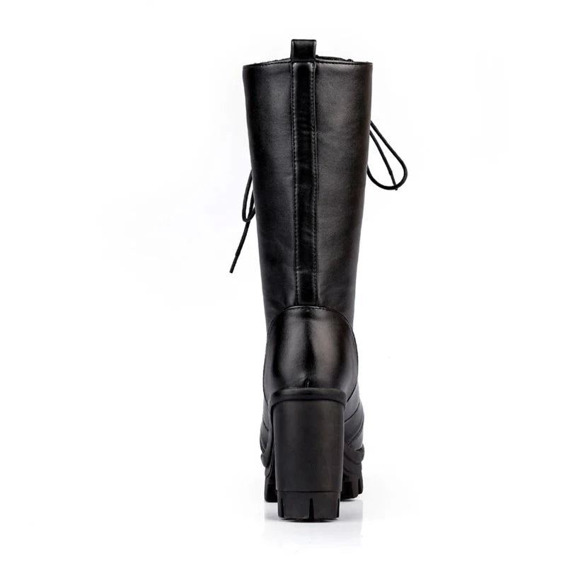 Printemps Automne Laçage Mi-mollet Bottes Femmes Talons Carrés Femme Moto Botte - Noir