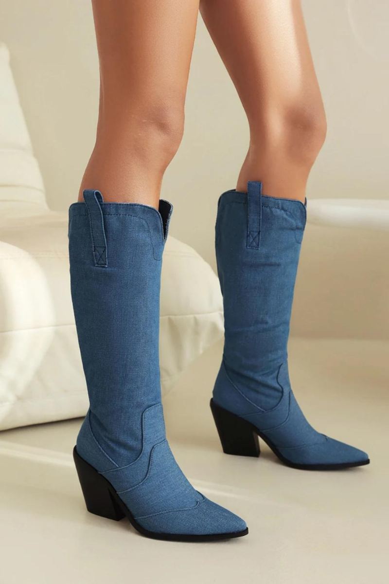 Rétro Denim Western Femmes Genou Bottes Compensées Automne Hiver Bout Pointu Femme Chaussures