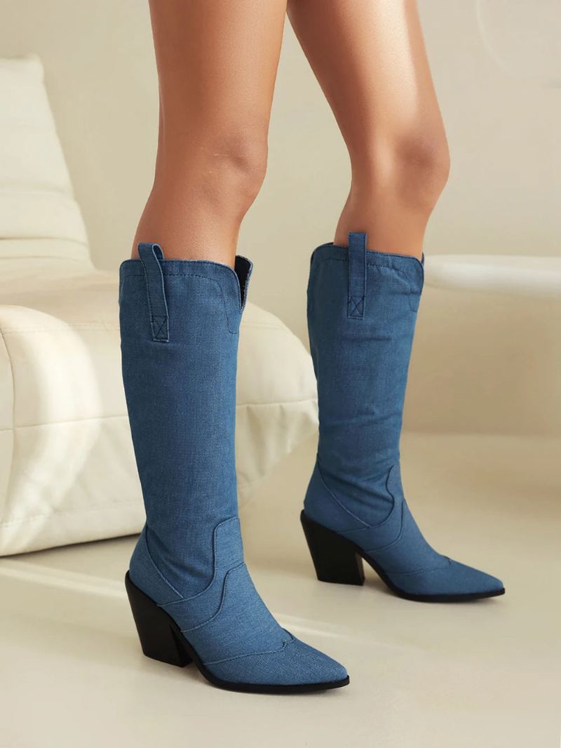 Rétro Denim Western Femmes Genou Bottes Compensées Automne Hiver Bout Pointu Femme Chaussures - Noir