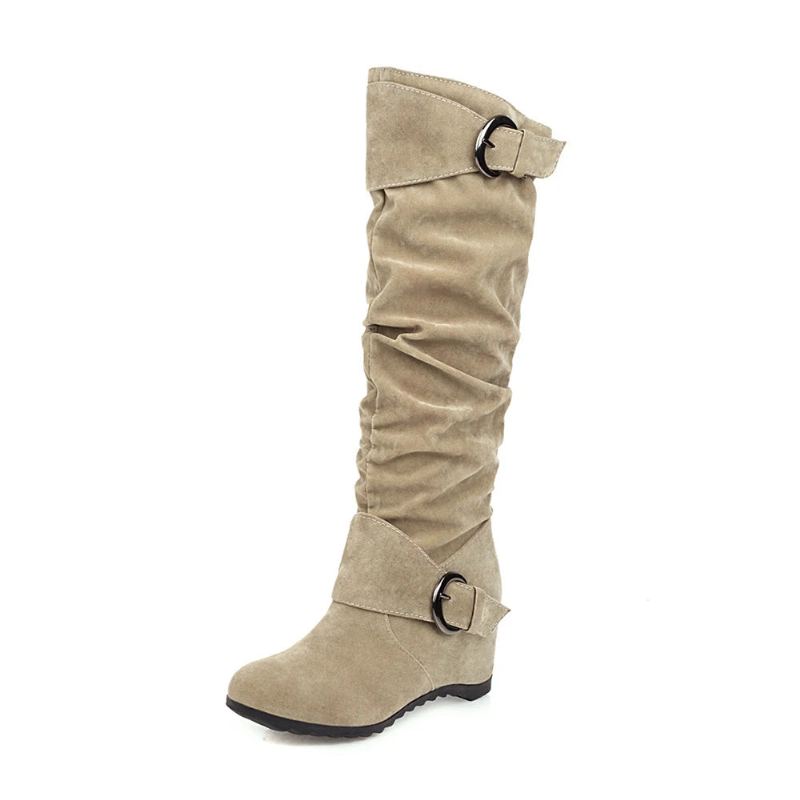 Rétro Femmes Troupeau Genou Bottes Hautes Hiver Dames Sans Lacet Augmenter Chaussures Féminines - Beige