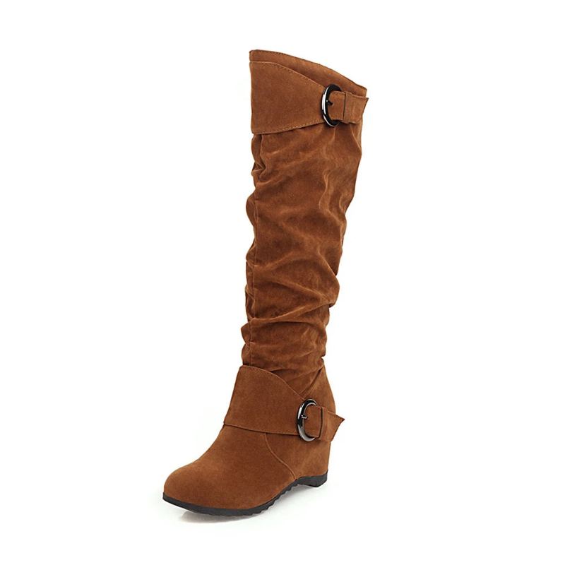 Rétro Femmes Troupeau Genou Bottes Hautes Hiver Dames Sans Lacet Augmenter Chaussures Féminines - Beige