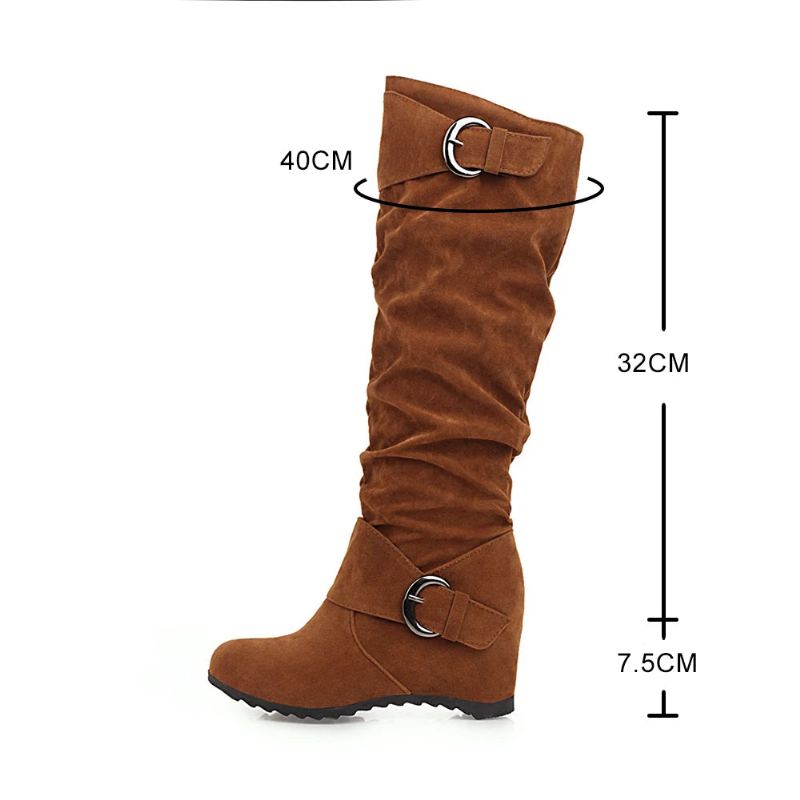 Rétro Femmes Troupeau Genou Bottes Hautes Hiver Dames Sans Lacet Augmenter Chaussures Féminines - Beige