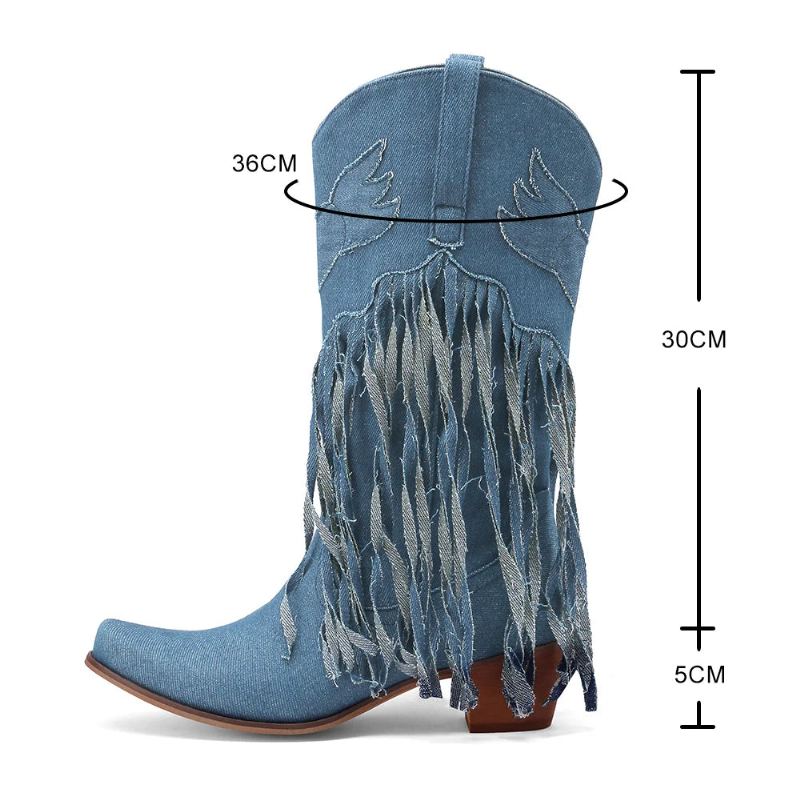 Vintage Femme Denim Gland Bottes Bout Pointu Rétro Mollet Hautes Femmes Talons Chaussures Brodées - Bleu