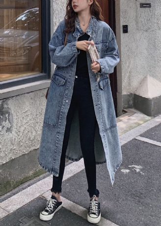 Ample Bleu Bouton Poches Patchwork Denim Longs Trench Manteaux Automne