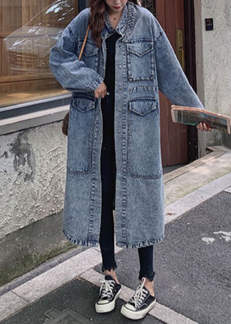 Ample Bleu Bouton Poches Patchwork Denim Longs Trench Manteaux Automne - Trenchs femmes