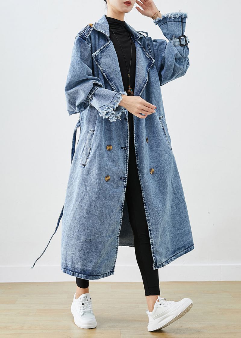 Art Bleu Clair Revers Double Boutonnage Denim Trench Manteaux Automne