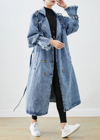 Art Bleu Clair Revers Double Boutonnage Denim Trench Manteaux Automne